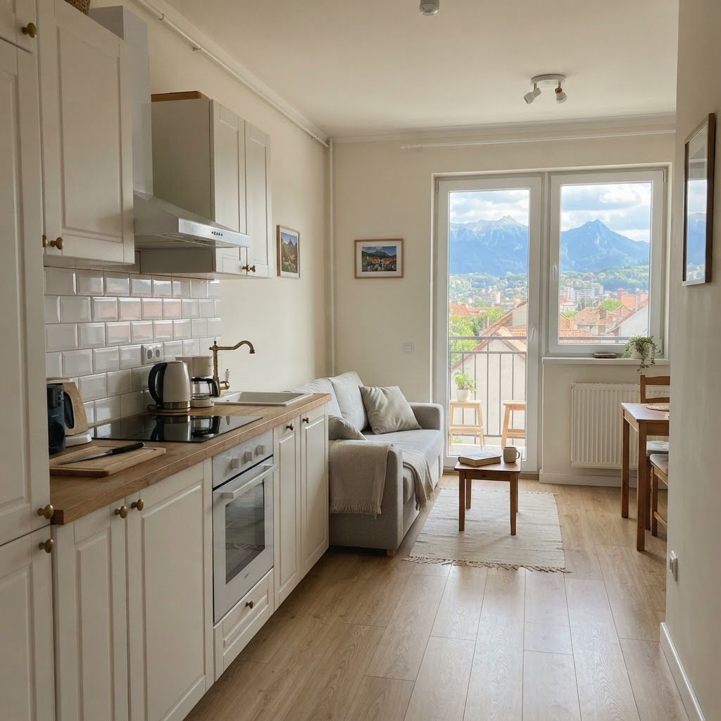 Bucătărie cu mobilier alb și ușă spre balcon, cu munții în fundal