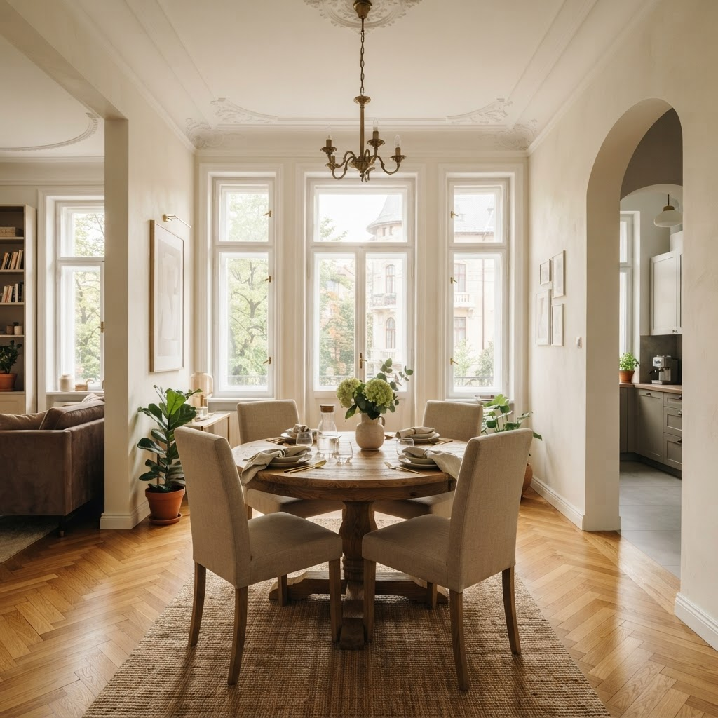 Zonă de dining cu masă rotundă din lemn și parchet în spic