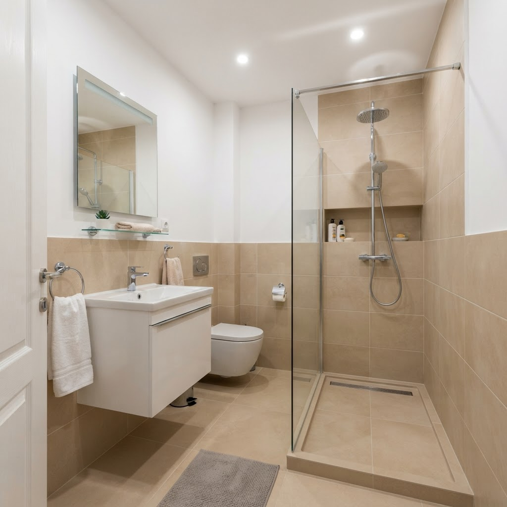 Baie renovată cu duș walk-in și gresie bej