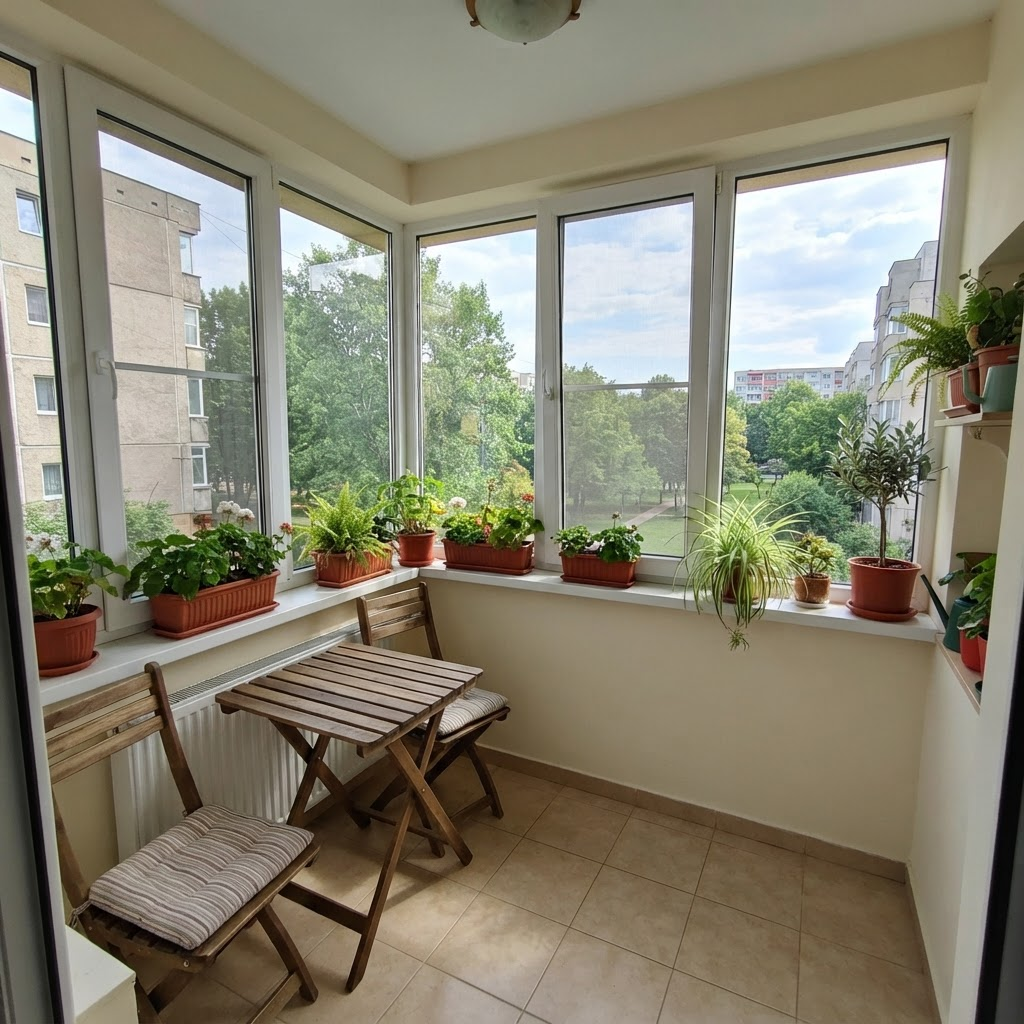 Balcon închis cu masă mică și plante